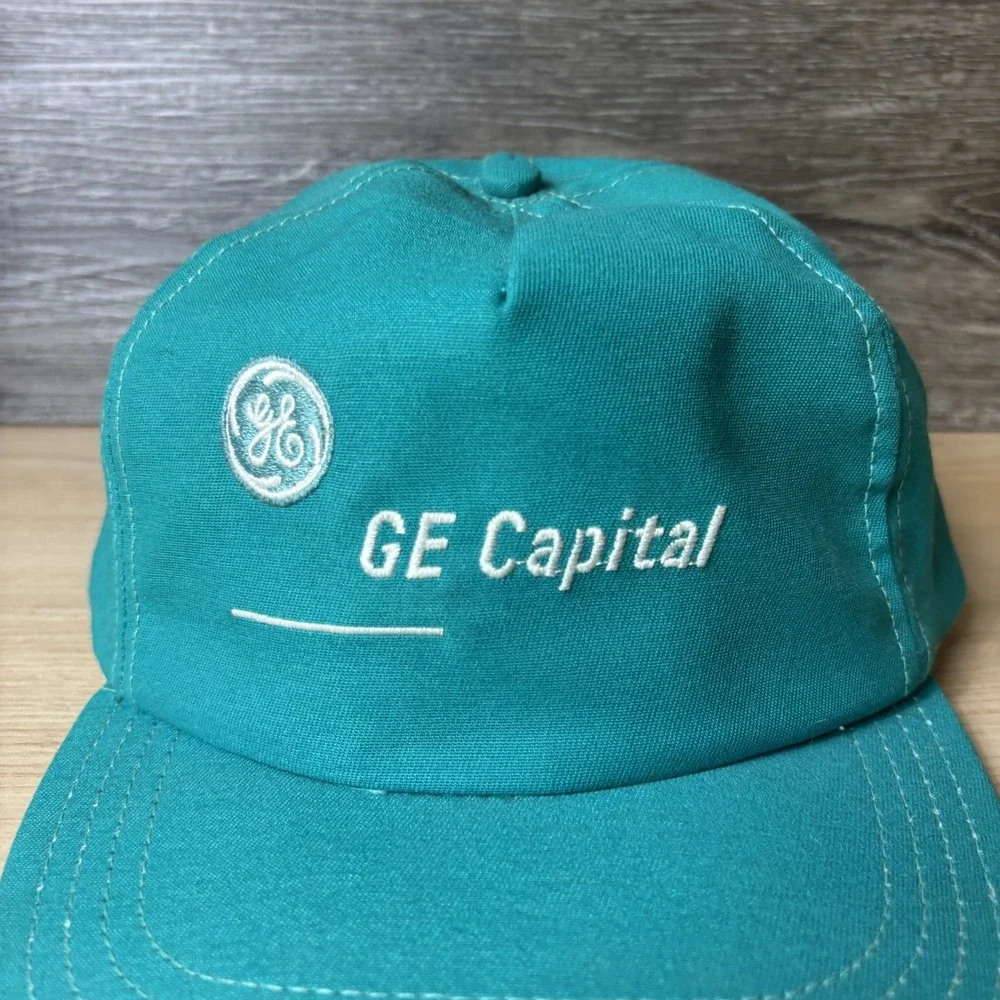 Vintage GE Capital Hat Cap Strap Back Teal Green Embroidered Promo Mens 90s